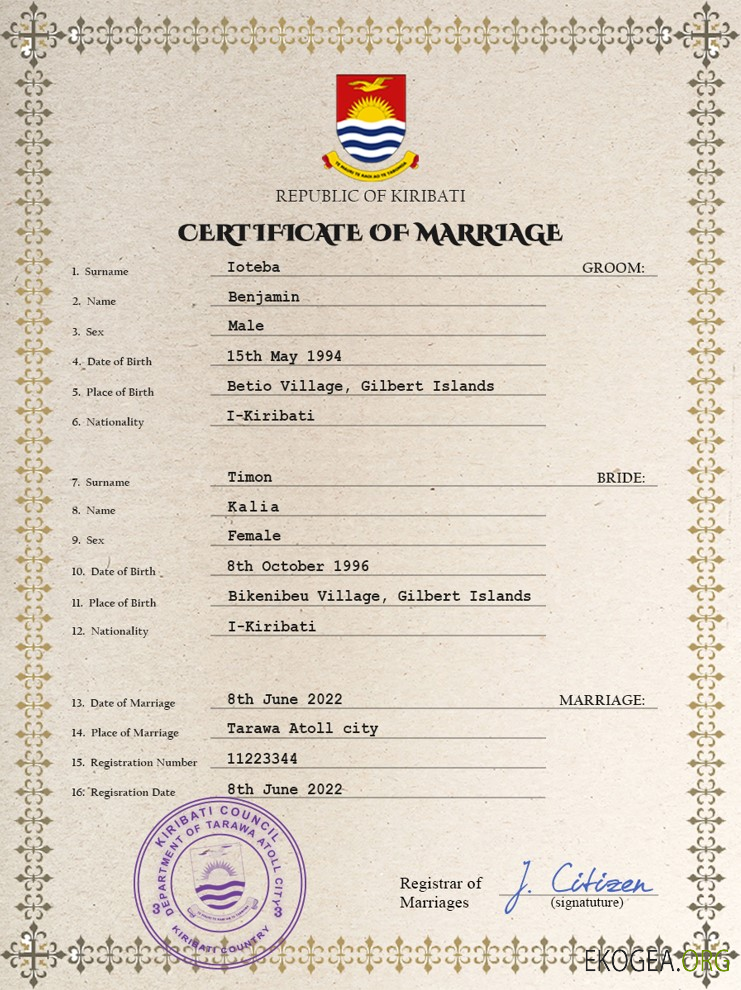 Modèle PSD de certificat de mariage de Kiribati